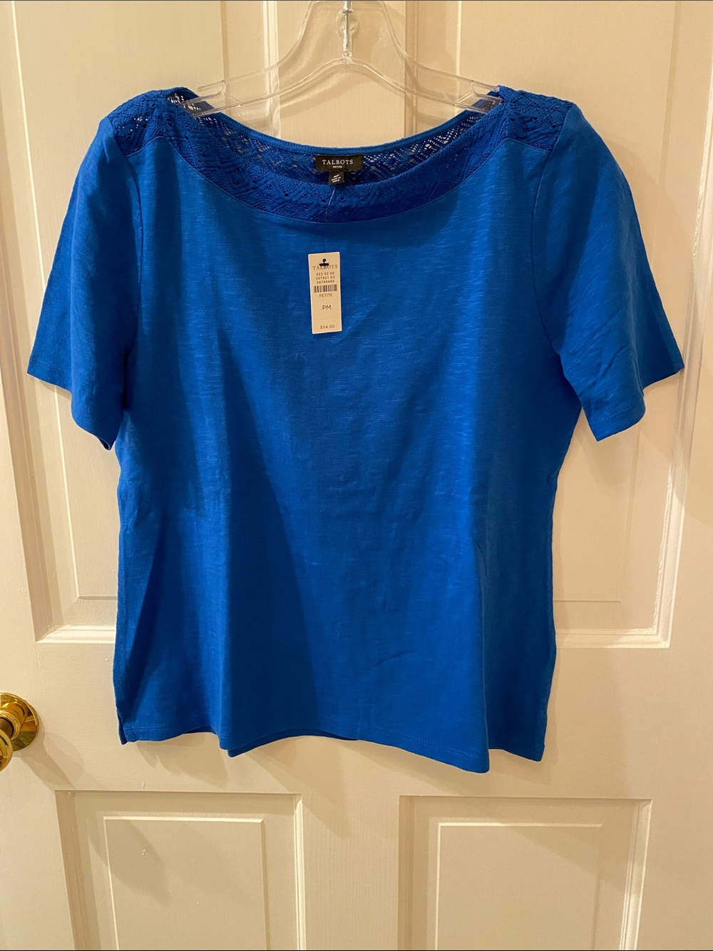 Talbots Cobalt Blue Short Sleeve Lace-Yoke Tee • Petite - Medium • NWT